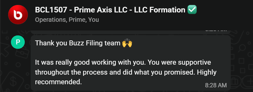 WhatsApp review from Prime Axis LLC - LLC Formation