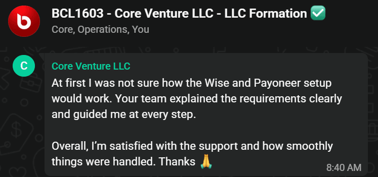 WhatsApp review from Core Venture LLC - LLC Formation