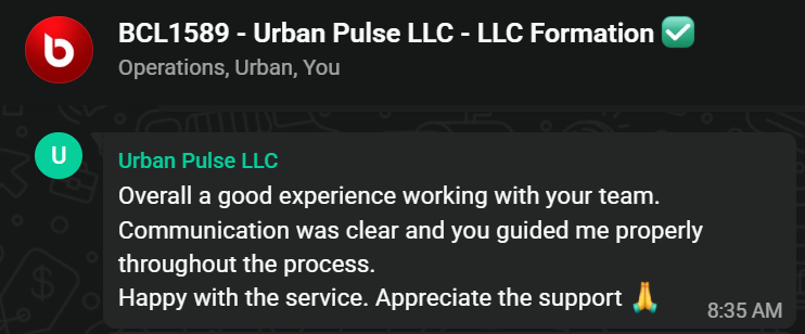 WhatsApp review from Urban Pulse LLC - LLC Formation