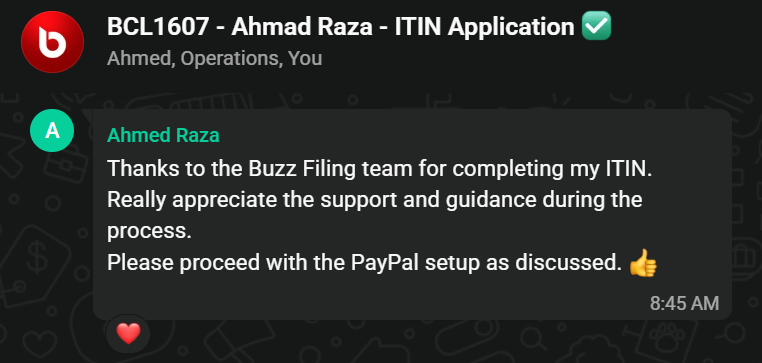 WhatsApp review from Ahmad Raza - ITIN Application